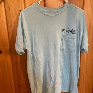 Salt life Lt blue Sz m short sleeve T shirt front pocket flag ‘hook line sinker